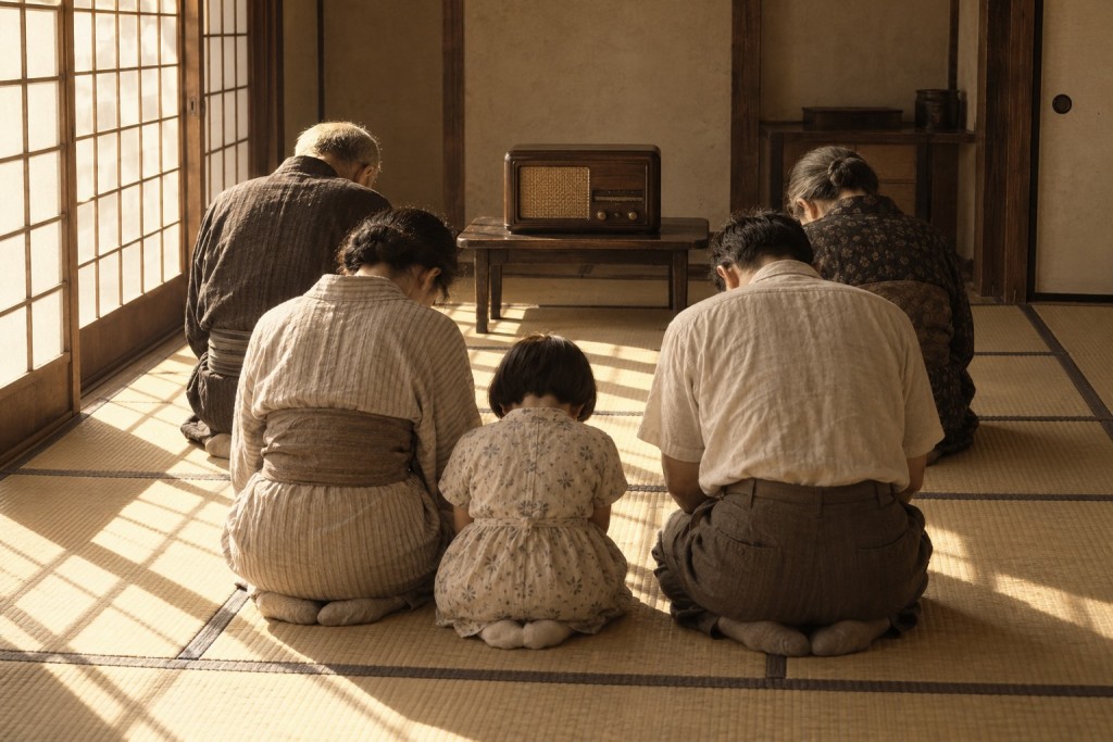 正午の終戦放送を聴く家族